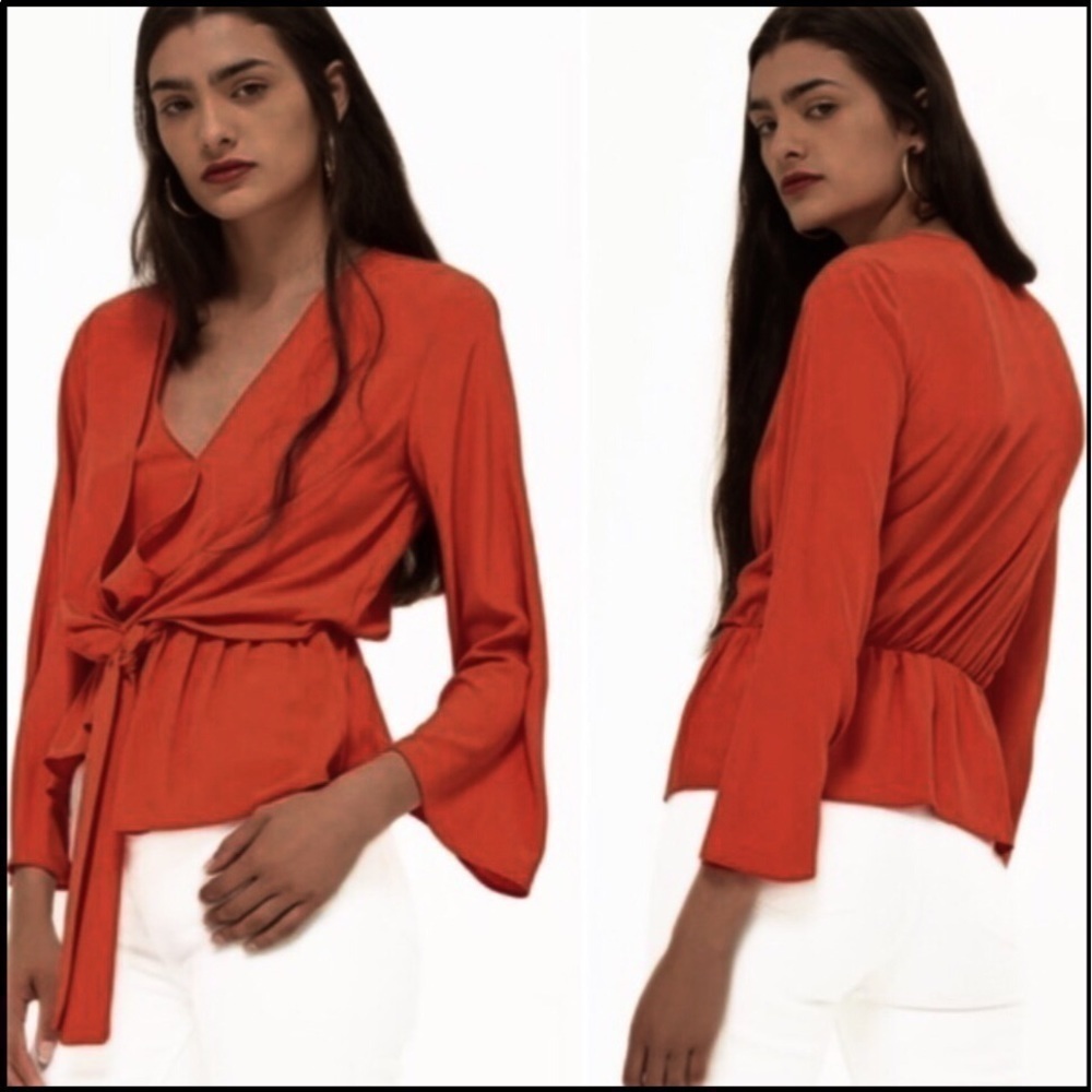 Topshop Knot Front Asymmetric Faux Tie Wrap Long Sleeve Lightweight Blouse